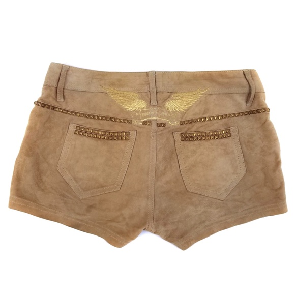 Robin's Jean Midrise Genuine Suede Tan Gold Shorts - Picture 2 of 3